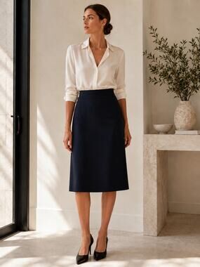Vintage Paul Stuart Made in Italy Navy Silk Blend A-Line Midi Skirt Quiet Luxury